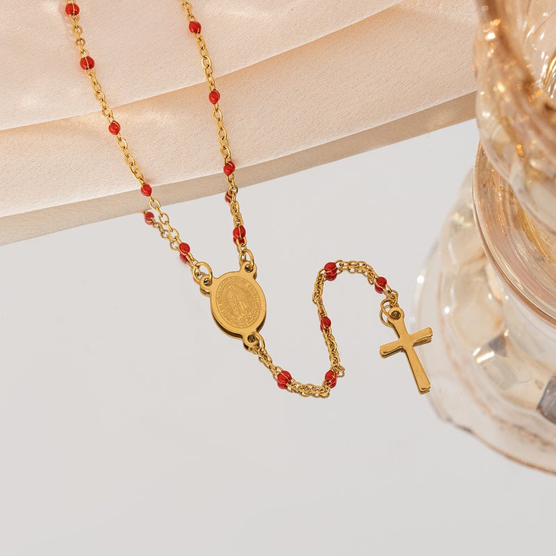 Explosions Titanium Steel Madonna Cross Stainless Steel Dropping Oil Bead Necklace Steel Color Bead Chain Ethnic Style - Image 5